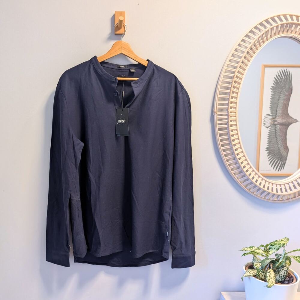 BOSS Hugo Boss Pal Long-Sleeve Henley Shirt, Navy, XL, Mercerized Cotton, NWT